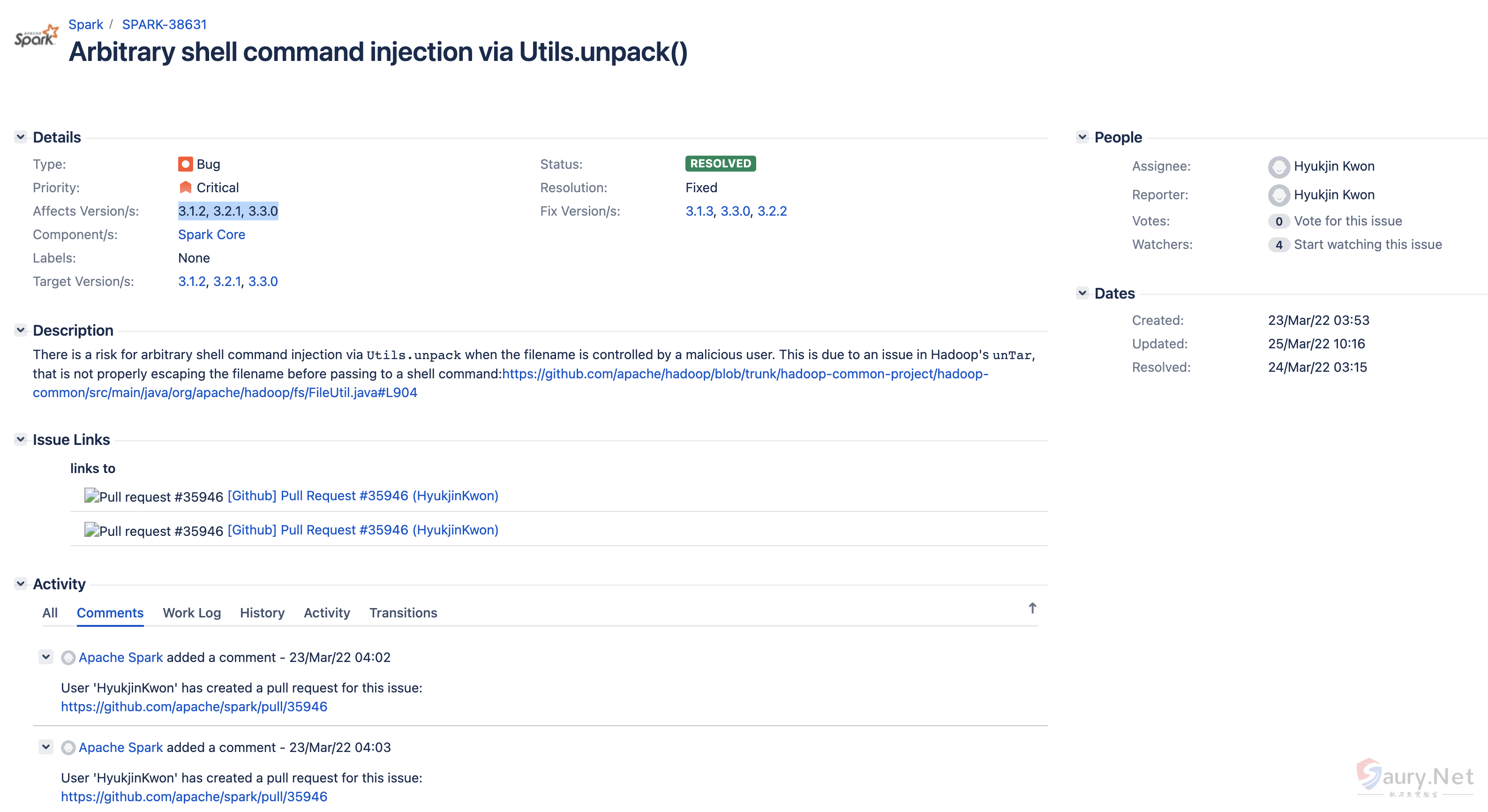 Apache Spark unTarUsingTar 命令注入漏洞 SPARK-38631-秋刀鱼实验室